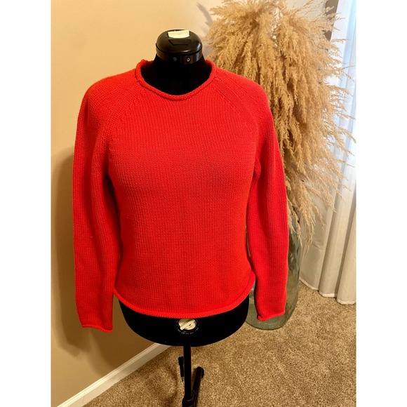 J.Crew Bright Red Orange 100% Cotton Rolled Hem Sweater Size M - Picture 1 of 4